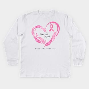 Breast cancer support squad, black type with feathers & ribbons Kids Long Sleeve T-Shirt